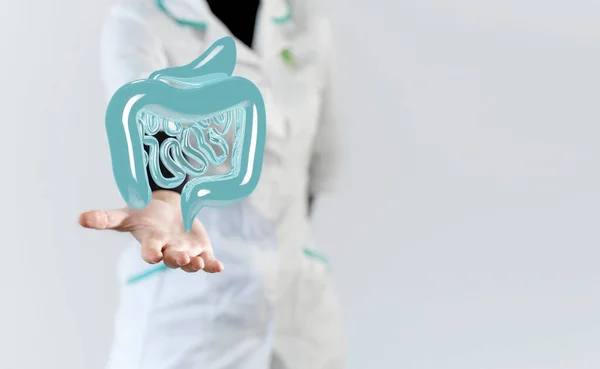 Üç boyutlu bağırsak işlemeli doktor eli. Mikrobiyoloji konsepti, sağlıklı bağırsak bakterisi