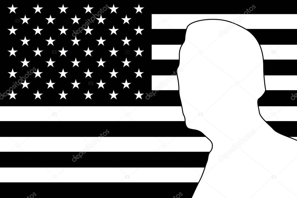 Usa elections concept, Joe Biden silhouette on usa flag. black and white illustration