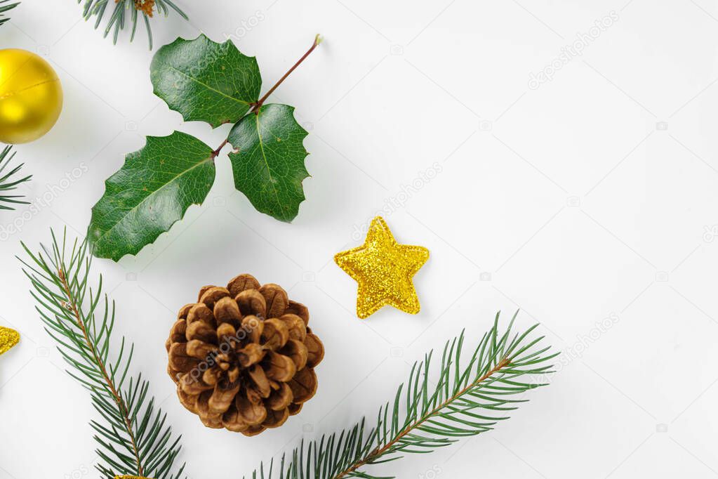 Top view christmas flat lay on white background. new year 2021. golden and green colors