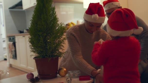 Família caucasiana feliz decorar árvore de Natal sozinho em casa. quarentena de ano novo — Vídeo de Stock