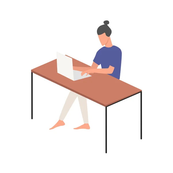 女性は自宅のオフィスに座ってノートパソコンで作業しています。フリーランス、遠隔地の職場. — ストックベクタ