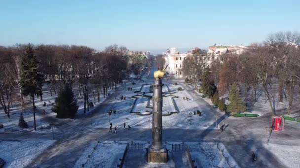 Aerial drone video fo gloria estatua de águila dorada en el centro de la ciudad de Poltava — Vídeo de stock