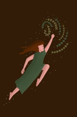 Toprak tonunda çiçeklerle uçan kız. Doğal yaşam tarzı, çiçekçi kadın.