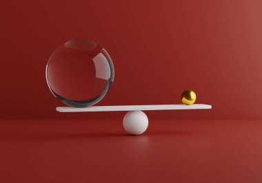 Minimum şekil, altın ve cam maddeler dengeleniyor. Ağırlık karşılaştırması. Zen konsepti. 3d hazırlayıcı