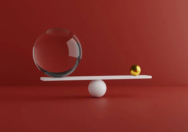 Equilibrio de formas mínimas, oro y materiales de vidrio. Comparación de peso. Concepto zen. 3d renderizar — Foto de Stock