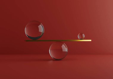Minimum şekil, altın ve cam maddeler dengeleniyor. Ağırlık karşılaştırması. Zen konsepti. 3d hazırlayıcı