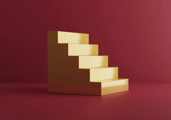 Goldene Treppe auf rotem Studiohintergrund. 3D-Darstellung. Geldanlage durch die US-Notenbank. Karriereweg. Bühne für Produkte und Schmuck. — Stockfoto