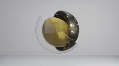 Gezegen olarak dönen 3D altın, siyah ve cam yarımküre. Fütürist geometrik arka plan. Büyük veri konsepti. Lüks altın ve siyah. 
