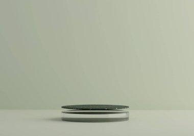 Cam ve terrazzo altın yeşili podyum ve naneli pastel arka plan. Ürün için yükselme aşaması. 3d görüntüleme modeliName
