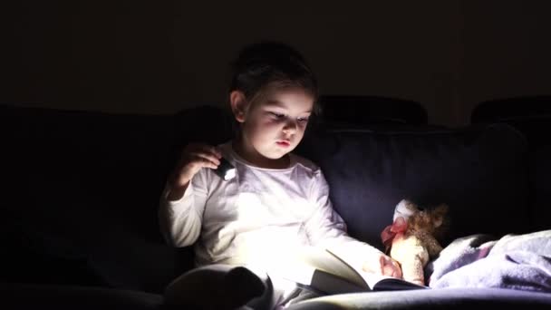 Bambino caucasico ragazza che legge libro ad altezza con la torcia elettrica. Attività infantili scollegate. Buonanotte di routine. lettura fantasia fiabesca — Video Stock