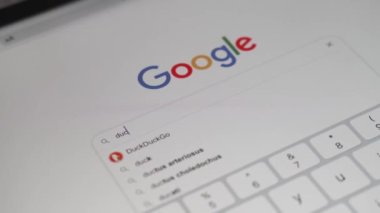 Poltava, Ukrayna - Jan 2021 Google ördek arama motoru özel online kullanım için. Veri güvenliği çevrimiçi