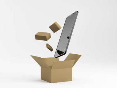Kutulu akıllı telefon ve mavi arka planda küçük teslimat paketleri. Ticaret konsepti. Telefonla online alışveriş. Paket teslimi. 3d hazırlayıcılar