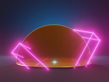 3D altın kaideyi neon ışıklarla donatın. Fütürist tarzda soyut ürün görüntüsü. Lazer partisi, gece kulübü hayatı, oyun istasyonu.