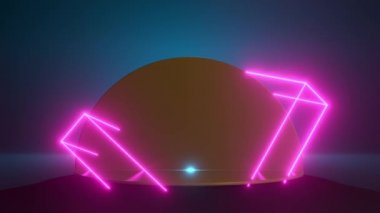 3D altın kaideyi neon ışıklarla donatın. Fütürist tarzda soyut ürün görüntüsü. Lazer partisi, gece kulübü hayatı, oyun istasyonu.
