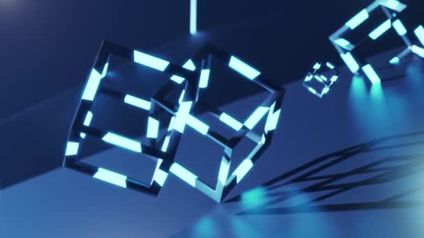 3d render of blochain cobes in neon blue light. Big data concept. Artificial intellegence. abstract tech background — Stock Video