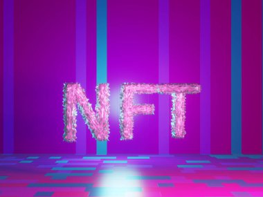 Canlı teknoloji menekşe arkaplan üzerine NTF metni. İade edilemeyen jeton. 3 boyutlu görüntüleme. Satmak için kripto sanat yeri. Engelleme zinciri kavramı.
