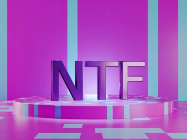 Canlı teknoloji menekşe arkaplan üzerine NTF metni. İade edilemeyen jeton. 3 boyutlu görüntüleme. Satmak için kripto sanat yeri. Engelleme zinciri kavramı.