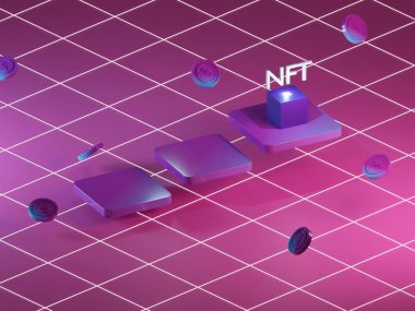 NTF soyut 3D işlemeli, karşılanamaz jetonlu blok zinciri. ethereum kripto para birimi açık artırması. 