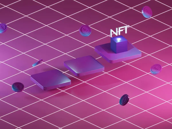 NTF résumé rendu 3D de jeton non fongible dans blockchain. ethereum crypto-monnaie vente aux enchères. — Photo