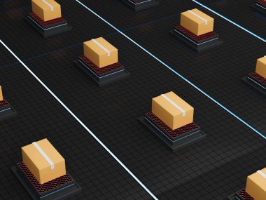 Karanlık mağazalarda otomatik tasnif ve dağıtım paketlerinin 3 boyutlu kırmızısı. Modern nakliye endüstrisi. Yapay zeka postane döngüsü videosu gönder