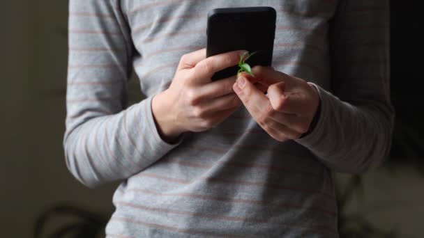 Téléphone dans les mains avec la plante verte. Durabilité numérique. utilisation consciente de la technologie. — Video