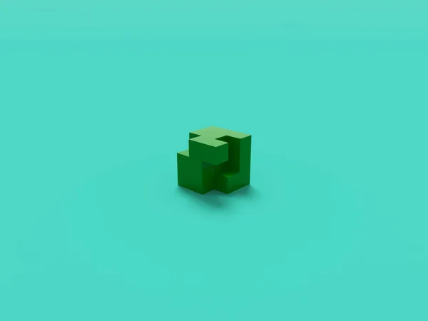 3D-Rendering von Voxel-grünem Würfel mit Cyan-Hintergrund. Minimalkonzept Blockchain — Stockfoto