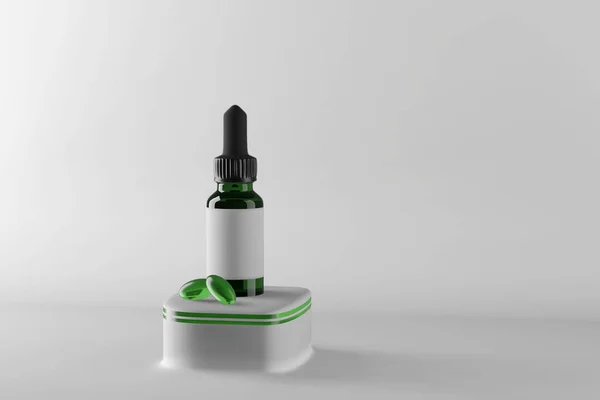 CBD olja i flaska med droppe. 3D render i studio bakgrund på vitt podium. Scen med hampoljeserum. — Stockfoto