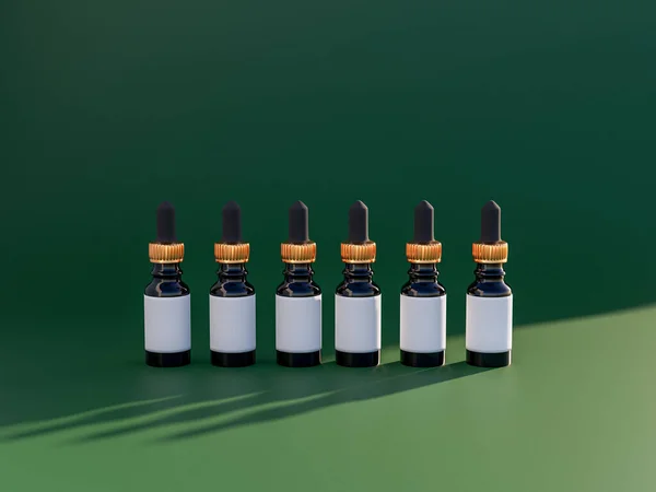 Fila de botellas de aceites esenciales de lujo con etiqueta vacía. 3D renderizado en colores esmeralda y oro de moda. Soluciones de embalaje recargables. —  Fotos de Stock