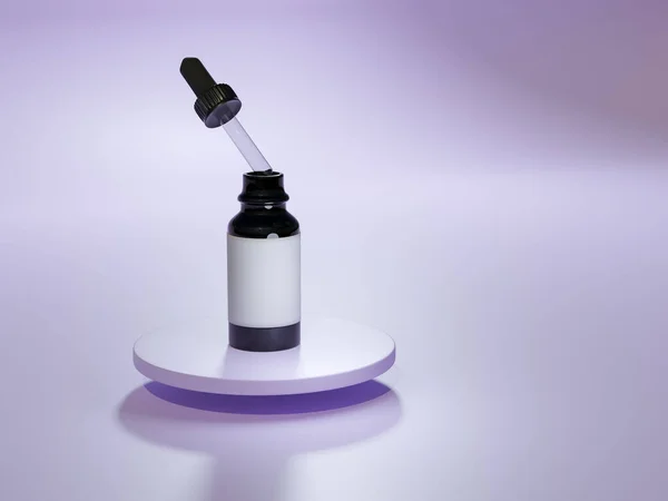 Amber fles met pipet met etherische oliën. Lavendel studio drijvend podium. 3D trendy minimale rendering. Natuurlijke geneeskunde. — Stockfoto