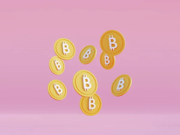 Bitcoin αιωρείται νομίσματα. Συναλλαγές χρηματοδότησης κρυπτονομισμάτων που πραγματοποιούνται με τεχνολογία blockchain. Εξόρυξη btc 3d καθιστούν σε στυλ κινουμένων σχεδίων — Φωτογραφία Αρχείου