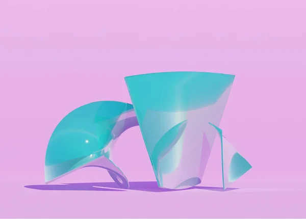 Renderizado 3d transparente abstracto de objetos de vidrio en estudio rosa. Soporte de color azul —  Fotos de Stock