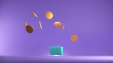 Mavi Bitcoin cüzdanı, üzerinde havada asılı duran bozuk paralar olan pembe minimal arka planda. Kripto para birimi işlemleri engelleme teknolojisi kullanılarak yapılmış. Karikatür biçiminde btc 3d madenciliği
