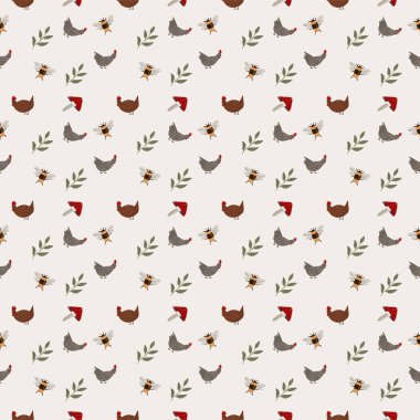 Tavuk, mantar, böcek ve bitkiyle elle çizilmiş kusursuz desen. Cottagecore yaşam tarzı, kırsal yaşam tarzları. Doğal kreş sanatı. Kıyafet modeli. Çiftlik evi kavramı