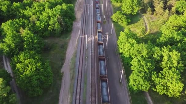 Vista aérea del ferrocarril con tren en soleado día de verano en el bosque. Vista superior de carga con productos industriales. Logística, comercio, concepto de envío — Vídeos de Stock