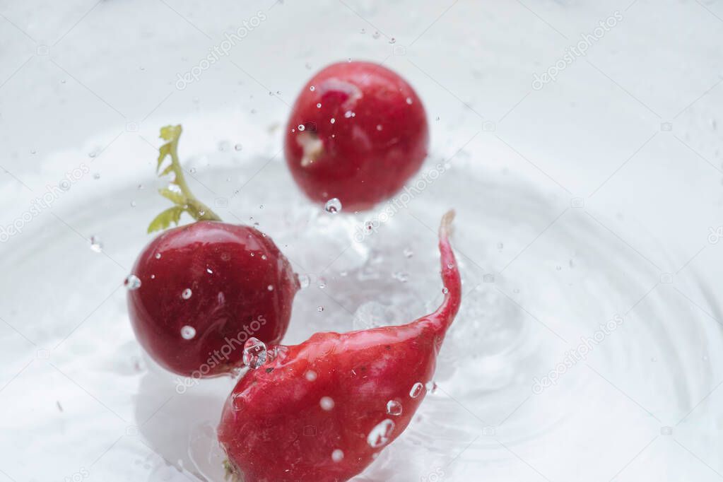 Fresh radish in water splash. Healthy food background. Spring or Summer background. Ethically sourced ingredients. Eco friendly production