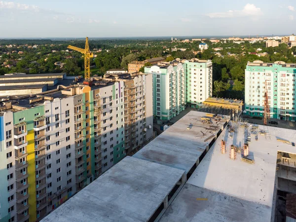 Modern aerial landscape with construction aerial for urban design. House equipment. City landscape. Construction, development, architecture. Aerial view. Apartment new block compound