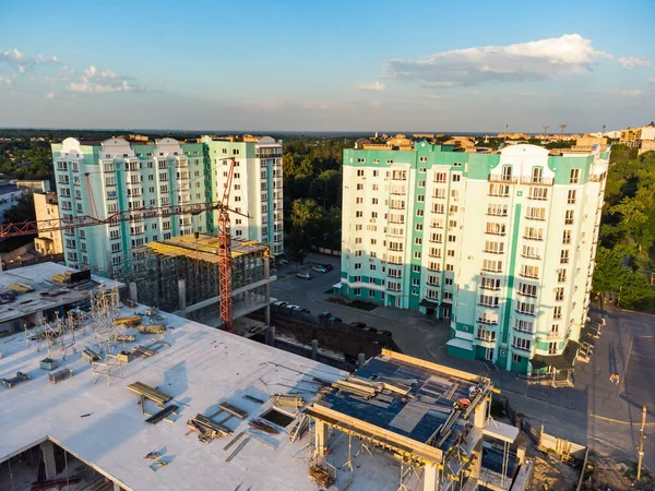 Modern aerial landscape with construction aerial for urban design. House equipment. City landscape. Construction, development, architecture. Aerial view. Apartment new block compound