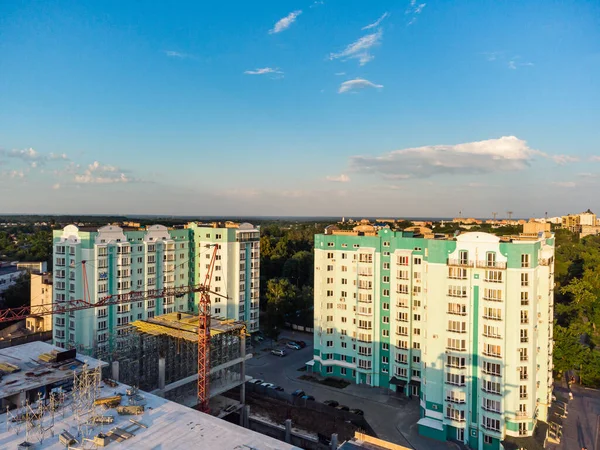 Modern aerial landscape with construction aerial for urban design. House equipment. City landscape. Construction, development, architecture. Aerial view. Apartment new block compound