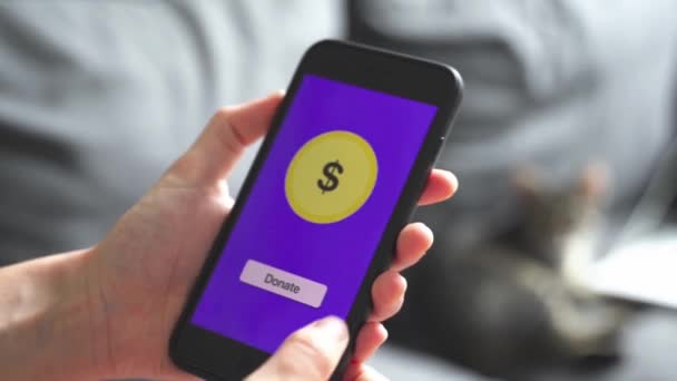 Nahaufnahme des Telefonbildschirms mit Fintech-App zum Bezahlen digitaler Tipps. Spenden für den Dienst. Bitcoin Restauranttipp, finanzielle Unterstützung — Stockvideo