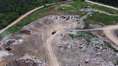 Büyük çöp yığınının havadan görünüşü. Çöp ve çöp sahası. Ekoloji problemi, doğa kirliliği. Tüketim ekonomisi dolandırıcılığı.