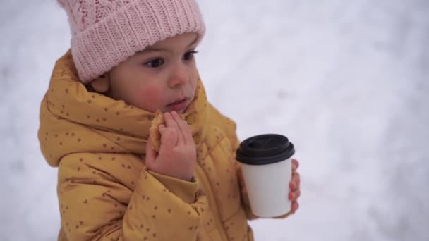 冬の雪の日に子供の女の子はココアを飲んで屋外でクッキーを食べる。幸せな子供時代の活動。クリスマス休暇だ。寒い天候 — ストック動画