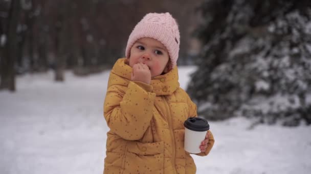 Dziewczynka pije kakao i je ciasteczka na świeżym powietrzu w zimowy śnieżny dzień. Szczęśliwego dzieciństwa. Święta. Zimna pogoda — Wideo stockowe
