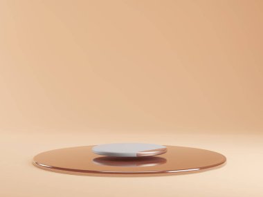 Ürünler için bej 3D kaide. Kozmetik için şablon podyum. Doğal çıplak renk ve cam sahnenin altında yükselen mavi terrazzo taşı. En az boş sahne.