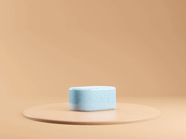 Μπεζ 3d καθιστούν βάθρο για τα προϊόντα. Πρότυπο βάθρο για καλλυντικά. Φυσικό γυμνό χρώμα και μπλε πέτρα terrazzo. Ελάχιστο κενό στάδιο. — Φωτογραφία Αρχείου