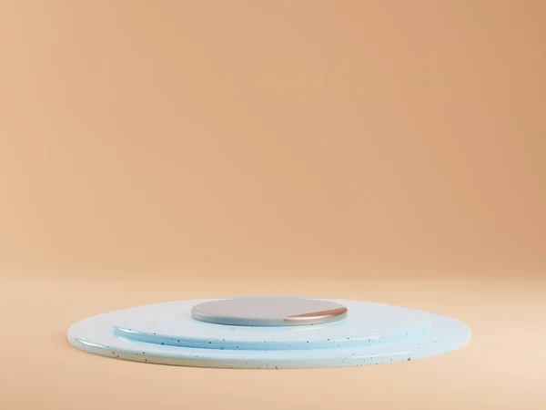 Beige 3D Render Sockel für Produkte. Vorlage Podium für Kosmetik. Natürliche Nudefarbe und blauer Terrazzo-Stein. Minimal leere Bühne. — Stockfoto