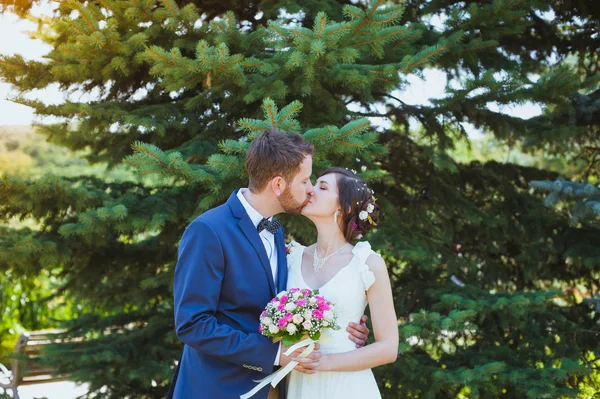 Bride and groom in the park — Stock Photo, Image