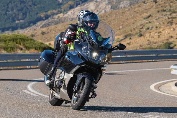 Motociclista Curvar Com Bicicleta Fotografia Capturada Novembro 2020 Porto Navalmoral — Fotografia de Stock