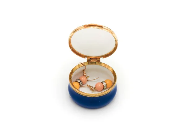 Rustic Vintage Jewelry Porcelain Decorative Floral Trinket Box White Background — Stock Photo, Image