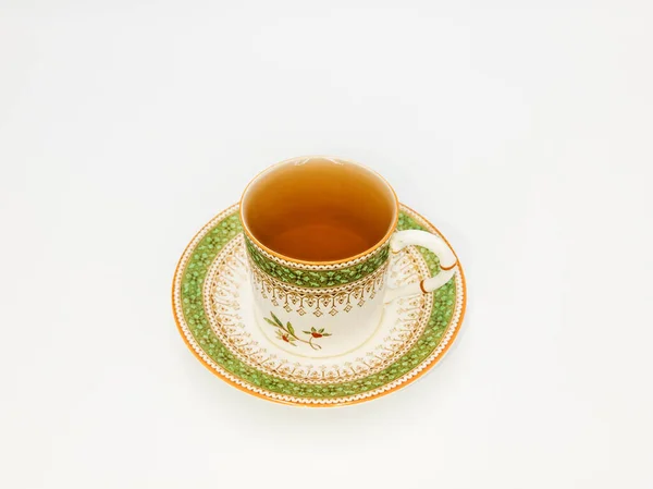 Horký Čaj Vinobraní Obrázek Starožitného Horkého Čaje Pohár Podšálku Dřevěném — Stock fotografie