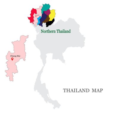 Maps of Northern Thailand with 9 Province in different colors, Chiang mai, Chiang rai, Phrae, Phayao, Lampang, Lamphun, Maehhongson, Uttaradit, Nan and have Map pin on Chiang Mai Province clipart